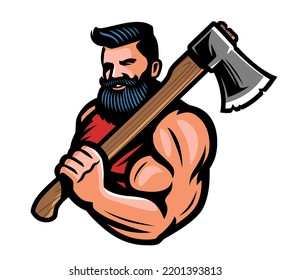 Muscular bearded lumberjack with big ax in hand. Warrior or viking with battle axe emblem. Mascot vector illustration