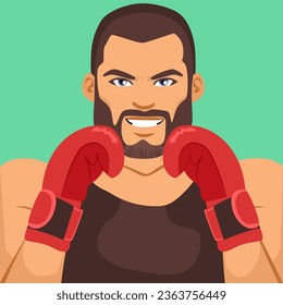 Muscular bearded man with boxing gloves portrait cartoon character vector illustration