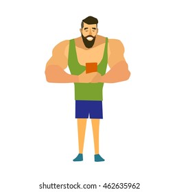 Muscular, bearded man smartphone vector illustration.Hipster selfie