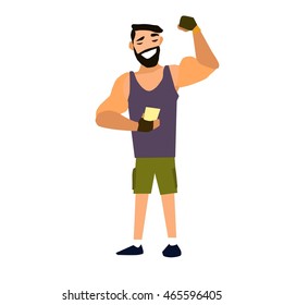 Muscular, bearded man smartphone vector illustration.Hipster selfie
