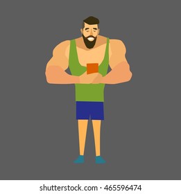 Muscular, bearded man smartphone vector illustration.Hipster selfie