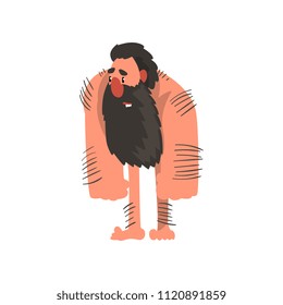 Muscular bearded primitive caveman, stone age prehistoric man character cartoon vector Illustration on a white background