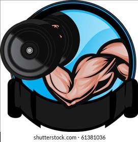 Muscular Bicep Flexing/performing Arm Curl. The Arm And Dumbell Are On Separate Layers As Are The Background Elements.