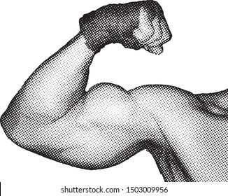 A muscular biceps. Halftone dot vector illustration. 