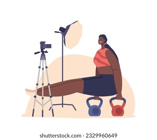 Muscular Black Woman Character Workout With Kettle Bells In L Sit Position At Gym And Recording Video Tutorial For Blog