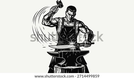 A muscular blacksmith in an apron hammers a glowing piece of metal on an anvil, creating sparks.