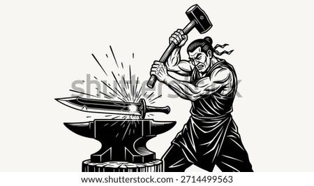 A muscular blacksmith intensely forges a sword on an anvil, sparks flying as he hammers the metal.