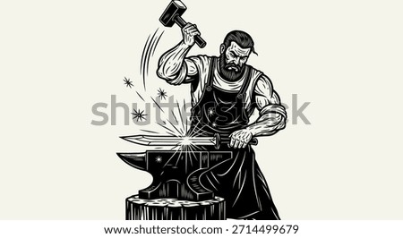 A muscular blacksmith intensely forges a sword on an anvil, sparks flying as he hammers the metal with focused determination.