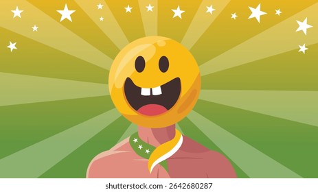 Um corpo musculoso com rosto de emojis sorridente brilha com estrelas e fundo verde