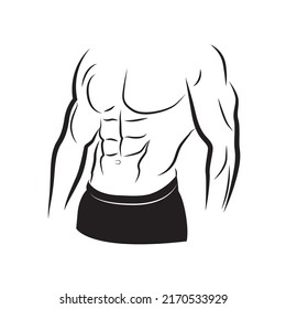 Muscular body of young man vector isolated. Muscled male torso with abs. Fitness logo.