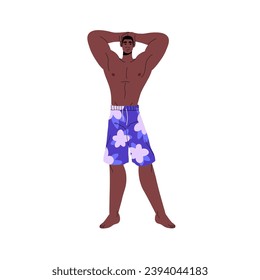 Muscular bodybuilder in beach shorts posing, standing. Strong man, sport athlete with athletic figure, sporty physique. Sexy muscle male body. Flat isolated vector illustration on white background