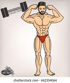 Muscular bodybuilder, bearded man vector illustration. Fitness model, posing, bodybuilding. Vector