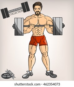 Muscular bodybuilder, bearded man vector illustration. Fitness model, posing, bodybuilding. Vector