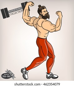 Muscular bodybuilder, bearded man vector illustration. Fitness model, posing, bodybuilding. Vector