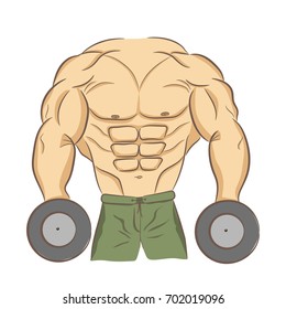 Muscular bodybuilder with dumbbells. Strong man. Bodybuilding logo, emblem of the gym. Logo sport nutrition, sign fitness, powerlifting. T-shirt design Hand drawing, brush. Vector body building EPS10