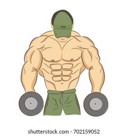 Muscular bodybuilder with dumbbells. Strong man. Body building logo, emblem of the gym. Logo sport nutrition, sign fitness, powerlifting. T-shirt design Hand drawing, brush. Vector bodybuilding EPS10