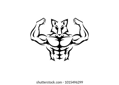 Muscular Bodybuilder with Fox Head Shows His Biceps