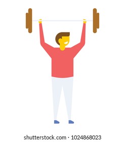Muscular bodybuilder guy doing exercises with big dumbbell, flat vector icon 