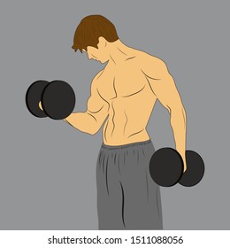 Muscular bodybuilder guy doing exercises with dumbbells in gym