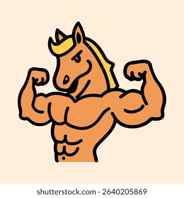 muscular bodybuilder horse character showing biceps simple vector illustration