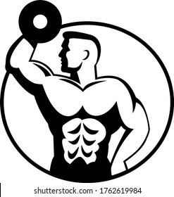 Muscular Bodybuilder Lifting Dumbbell Viewed from Side Circle Retro Black and White