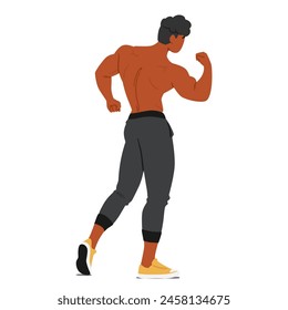 Personaje Masculino Musculoso De La Espalda, Flexionando Sus Bíceps, Mostrando Fuerza Y Fitness En Ropa Deportiva Casual Y Zapatos Atléticos. Hombre Sin Camisa Mostrando Sus Brazos Musculares, Vector