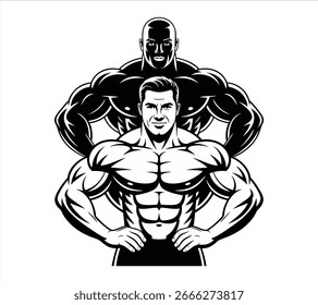 Muskulöser Bodybuilder Posing mit Flexing Shadow Silhouette
