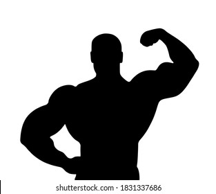 Muscular bodybuilder vector silhouette illustration isolated on white background. Sport man strong arms. Body builder athlete showing muscles.