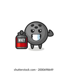 the muscular bowling ball character is holding a protein supplement , cute style design for t shirt, sticker, logo element