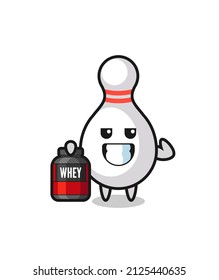 the muscular bowling pin character is holding a protein supplement , cute style design for t shirt, sticker, logo element