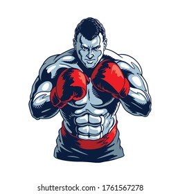 Muscular boxer isolated on white.  Champion boxing, stylized vector illustration.