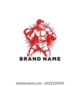 Muscular Boxer logo with boxing ring background - boxing emblem, logo design, illustration on white background