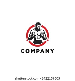 Muscular Boxer logo with boxing ring background - boxing emblem, logo design, illustration on white background