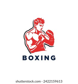 Muscular Boxer logo with boxing ring background - boxing emblem, logo design, illustration on white background