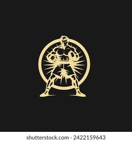Muscular Boxer logo with boxing ring background - boxing emblem, logo design, illustration on white background