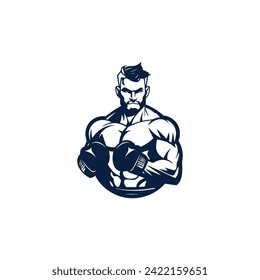 Muscular Boxer logo with boxing ring background - boxing emblem, logo design, illustration on white background