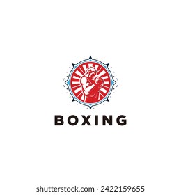 Logo de Boxer Muscular con fondo de anillo de boxeo - emblema de boxeo, diseño de logotipo, ilustración de fondo blanco