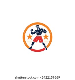 Muscular Boxer logo with boxing ring background - boxing emblem, logo design, illustration on white background