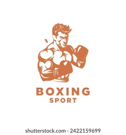 Muscular Boxer logo with boxing ring background - boxing emblem, logo design, illustration on white background
