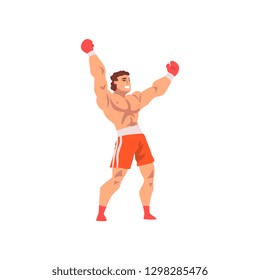Muscular Boxer Raising His Fists Up, Male Athlete Character in Sports Uniform, Active Sport Healthy Lifestyle Vector Illustration