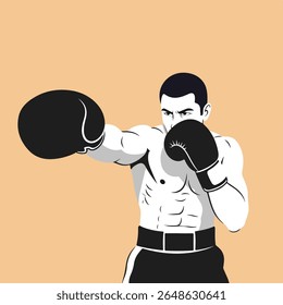 Um pugilista musculoso dá um soco, mostrando sua força e foco.