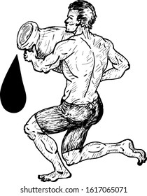 A muscular boy carrying a water jug as a symbol for Aquarius which is the eleventh sign of the zodiac. Hand drawn vector illustration. 