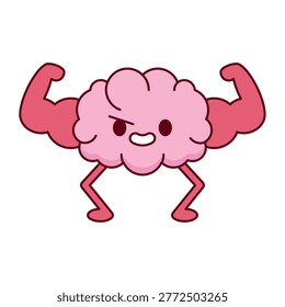 Muscular brain flexing arms cartoon illustration