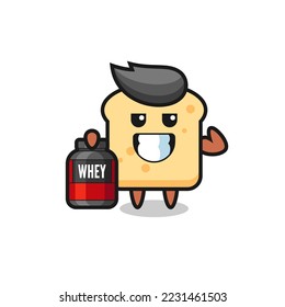 the muscular bread character is holding a protein supplement , cute style design for t shirt, sticker, logo element