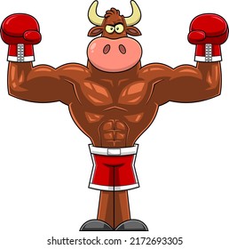 Muscular Bull Boxer Cartoon Character Wearing Boxing Gloves. Vector Hand Drawn Illustration Isolated On White Background