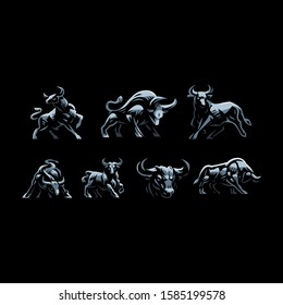 Muscular Bull or taurus with horns. Set of Vector illustrations