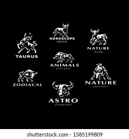 Muscular Bull or taurus with horns. Set of Vector illustrations