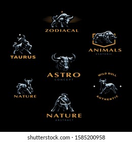 Muscular Bull or taurus with horns. Set of Vector illustrations