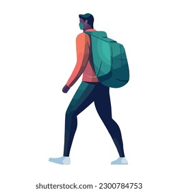 Muscular businessman running with backpack for success isolated