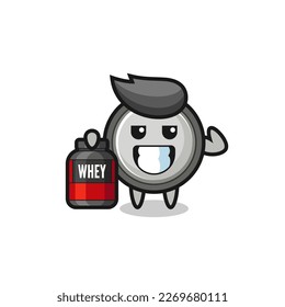 the muscular button cell character is holding a protein supplement , cute style design for t shirt, sticker, logo element